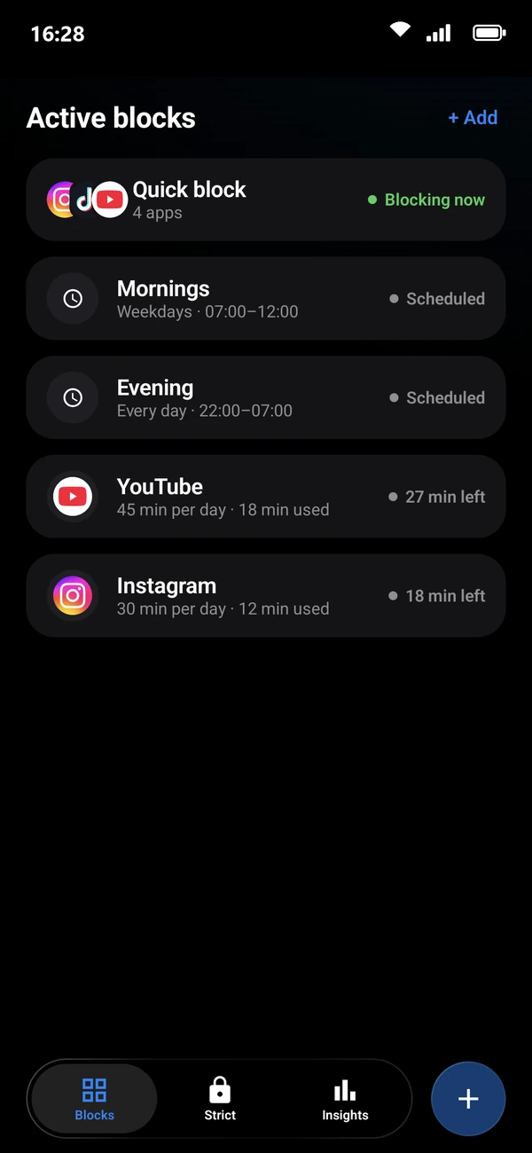 Active blocks in Moat: a quick block that is blocking now, a morning and an evening schedule, and daily limits for YouTube and Instagram.