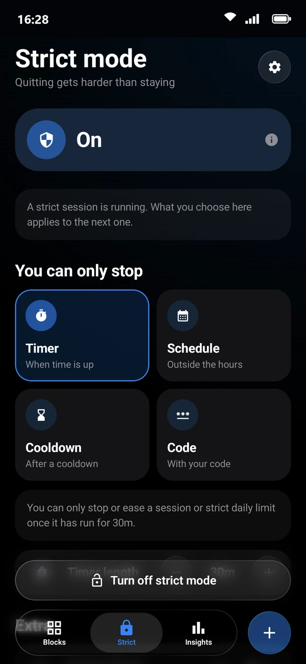 The Strict mode screen in Moat: strict mode is on, and you choose how you can stop: timer, schedule, cooldown or code.
